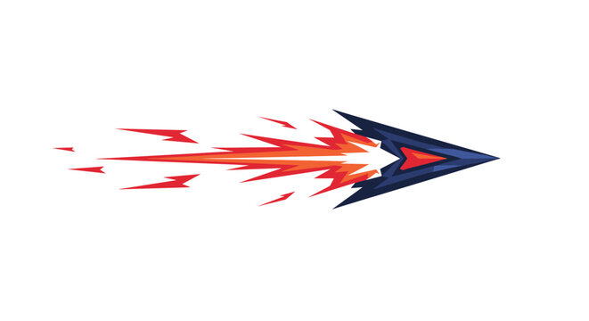 Dynamic illustration of a stylized arrow or projectile flying with orange and red flames against a sharp navy blue head design.
