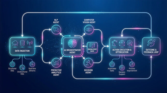 AI agent orchestration workflow diagram showing data ingestion predictive analytics computer vision decision making action execution and feedback loop in neon style