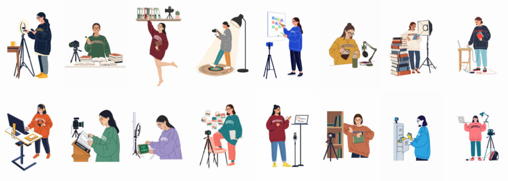 Creative Workspace: A collection of illustrators engaged in diverse creative projects in a variety of dynamic positions, demonstrating their passion, inspiration and a variety of their artwork.