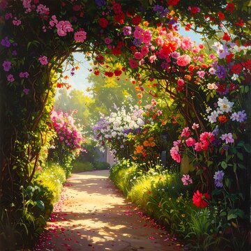 A serene garden pathway lined with vibrant flowers