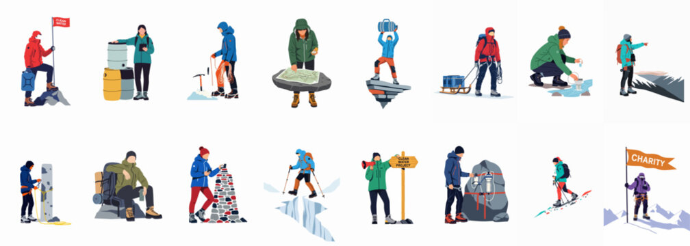 Adventurous Expedition Elements: An array of individuals navigate varied terrains in this illustration, each figure embodies a different aspect of a comprehensive expedition.