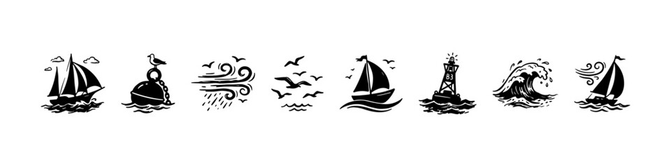 A set of hand-drawn nautical doodle icons featuring sailing ships on ocean waves, seagulls in flight, wind symbols, a lighthouse buoy, and an anchor. © Ірина Гринюк