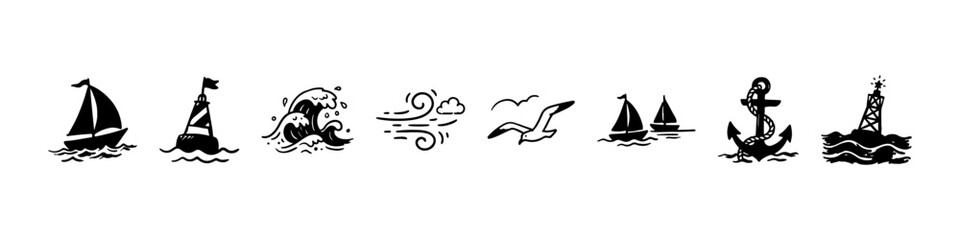 A set of hand-drawn nautical doodle icons featuring sailing ships on ocean waves, seagulls in flight, wind symbols, a lighthouse buoy, and an anchor. © Ірина Гринюк