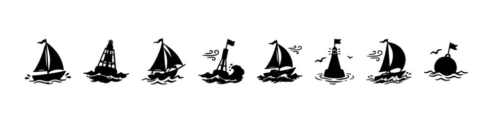 A set of hand-drawn nautical doodle icons featuring sailing ships on ocean waves, seagulls in flight, wind symbols, a lighthouse buoy, and an anchor. © Ірина Гринюк