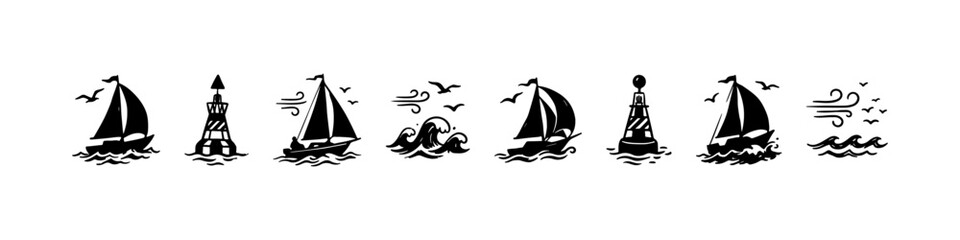 A set of hand-drawn nautical doodle icons featuring sailing ships on ocean waves, seagulls in flight, wind symbols, a lighthouse buoy, and an anchor. © Ірина Гринюк