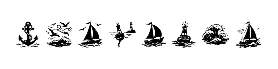 A set of hand-drawn nautical doodle icons featuring sailing ships on ocean waves, seagulls in flight, wind symbols, a lighthouse buoy, and an anchor. © Ірина Гринюк