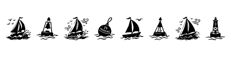 A set of hand-drawn nautical doodle icons featuring sailing ships on ocean waves, seagulls in flight, wind symbols, a lighthouse buoy, and an anchor. © Ірина Гринюк