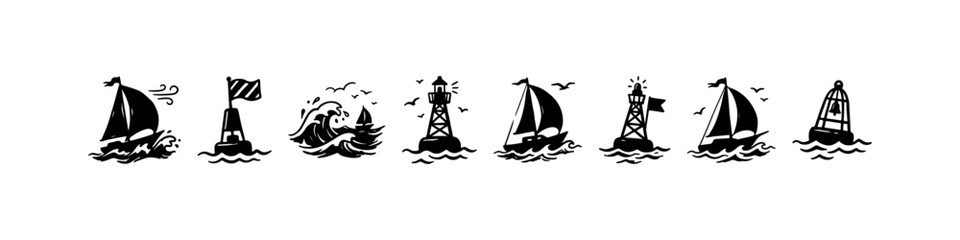 A set of hand-drawn nautical doodle icons featuring sailing ships on ocean waves, seagulls in flight, wind symbols, a lighthouse buoy, and an anchor. © Ірина Гринюк