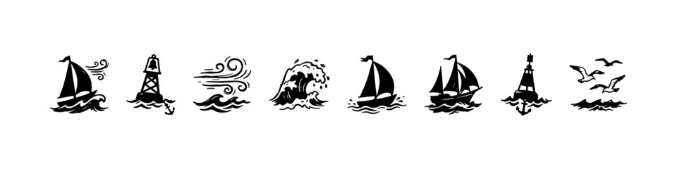 A set of hand-drawn nautical doodle icons featuring sailing ships on ocean waves, seagulls in flight, wind symbols, a lighthouse buoy, and an anchor. © Ірина Гринюк