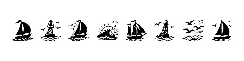 A set of hand-drawn nautical doodle icons featuring sailing ships on ocean waves, seagulls in flight, wind symbols, a lighthouse buoy, and an anchor. © Ірина Гринюк
