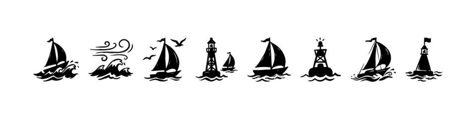A set of hand-drawn nautical doodle icons featuring sailing ships on ocean waves, seagulls in flight, wind symbols, a lighthouse buoy, and an anchor. © Ірина Гринюк