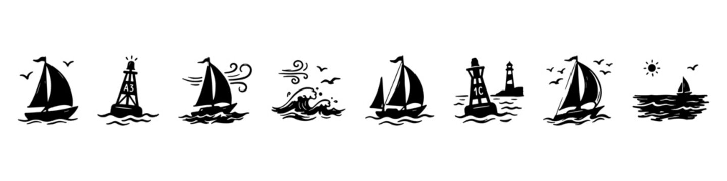 A set of hand-drawn nautical doodle icons featuring sailing ships on ocean waves, seagulls in flight, wind symbols, a lighthouse buoy, and an anchor.