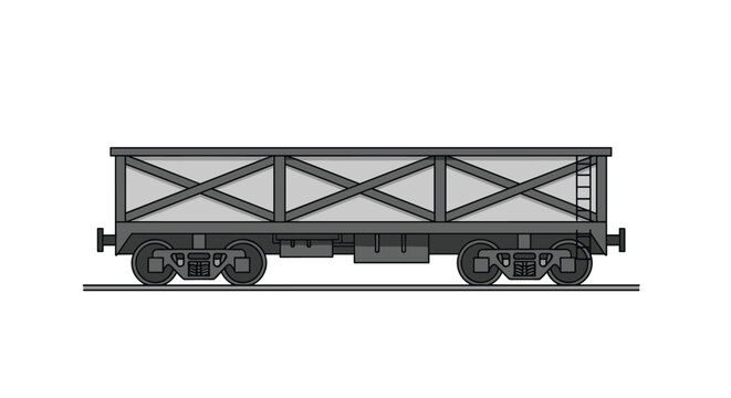 Industrial grey railway cargo wagon for transporting heavy goods shown in a side view illustration on a simple track.