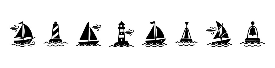 A set of detailed nautical doodle icons representing maritime navigation, sea travel, and sailing adventures on the ocean. © Ірина Гринюк
