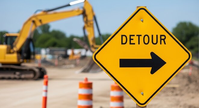 Detour sign at construction site directing traffic with construction equipment in background.