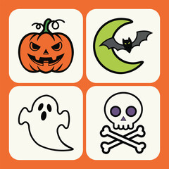 Fototapeta premium Four halloween icons in squares pumpkin bat ghost and skull a spooky collection