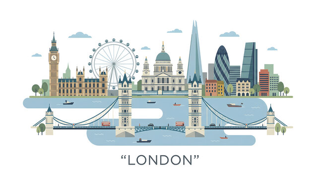 Flat Design London Cityscape Illustration with Famous Landmarks and Icons