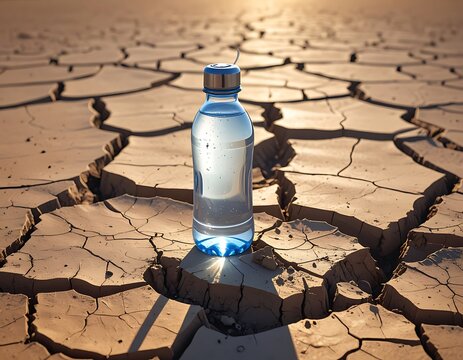 A clear plastic bottle filled with liquid stands in stark contrast on dry, cracked earth under the warm glow of sunlight