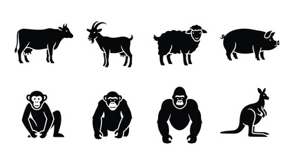 A collection of farm and wild animal silhouettes including a cow goat sheep pig monkey gorilla and kangaroo silhouette high quality © SILHUETTECHEMBER