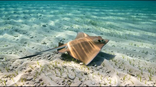 Brown stingray on sandy ocean floor.