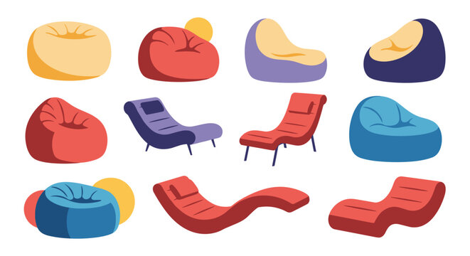 Comprehensive collection of bean bag chairs and lounge recliners in various colors and designs, modern furniture for home relaxation.