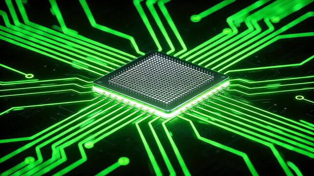 Microchip on glowing circuit board