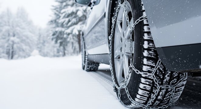 Snow chains on tires gripping snowy road with car parked under winter scenery. Snow chains enhance traction and safety during winter months on snow-covered streets.