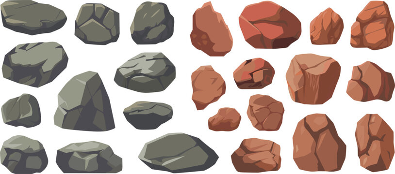 Rock and stone collection set, cartoon boulders and pebbles vector illustration isolated game asset elements