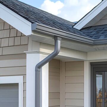 A close-up angle of a home's exterior, displaying a roof, siding, and a seamless gutter system. The gutter wraps the roofline