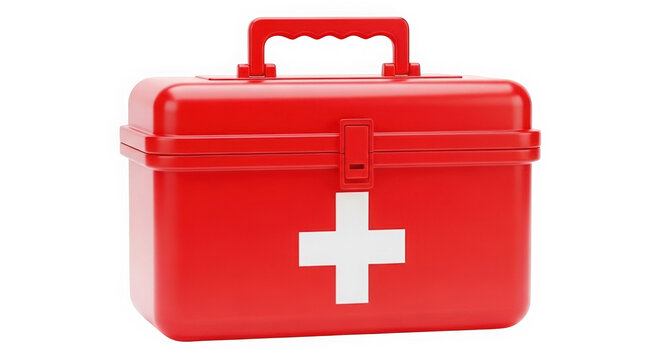 Red first aid kit box with white cross isolated on transparent background