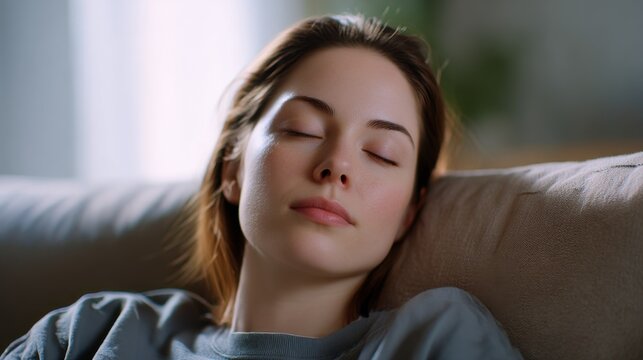 Young woman enjoys relaxation on sofa in bright living room filled with soft daylight