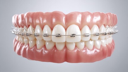 Close-up view of teeth with braces showing detailed orthodontic brackets and natural gum color