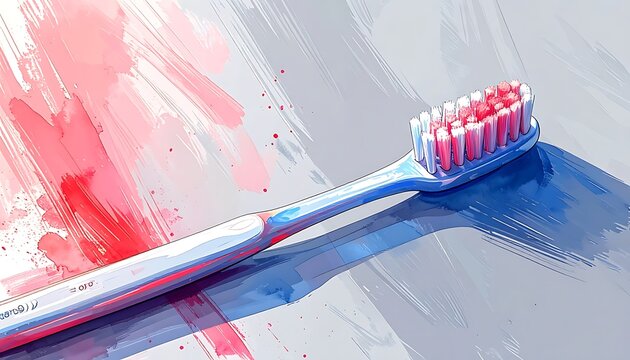 A close-up, artistic representation of a toothbrush. The bristles are red and white, with watercolor-style brush strokes