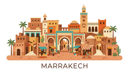 Fototapeta premium Marrakech Cityscape Flat Design Illustration. Traditional Moroccan Architecture, Souk, Minaret, and Palm Trees.