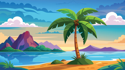 Fototapeta premium Sunset view over water with palm tree and mountains in the background on a tropical island