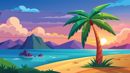 Fototapeta premium Sunset over beach with palm tree, mountains, and water in colorful sky during evening hours