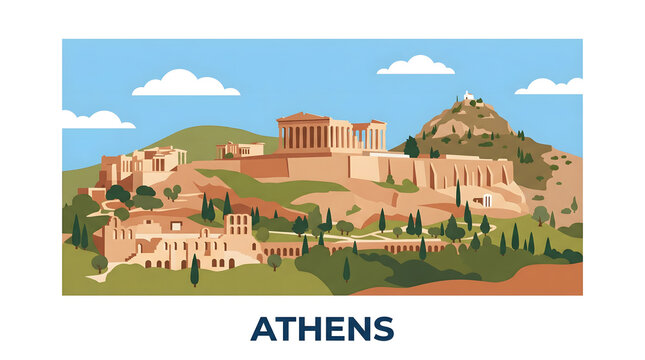 Vector illustration of the Acropolis in Athens, Greece. Ancient historical landmark and travel destination.