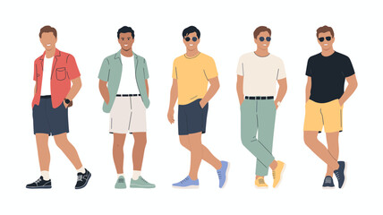 Fototapeta premium Urban Summer Fashion Men Flat Illustration Set Trendy Young Male Characters