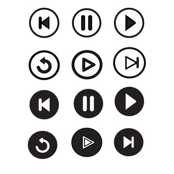 Media Player Control Icons Set - Play, Pause, Skip, and Repeat Buttons in Flat Vector Style