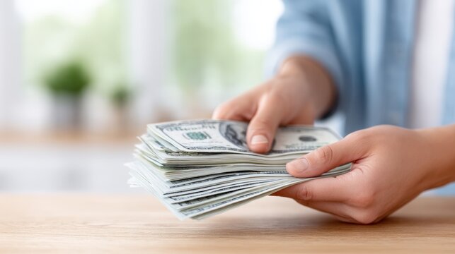 Hands of a person holding a stack of cash bills on a wooden table, with a blurred background featuring soft natural light and green plants, emphasizing the act of cash counting in a domestic setting