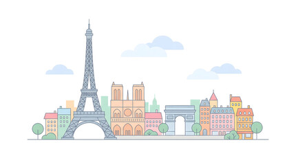 Paris Skyline Vector Illustration with Famous Landmarks - Eiffel Tower, Cathedral & Arc de Triomphe