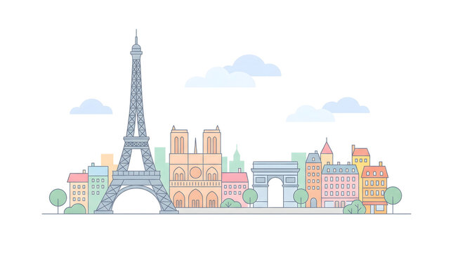 Paris Skyline Vector Illustration with Famous Landmarks - Eiffel Tower, Cathedral & Arc de Triomphe