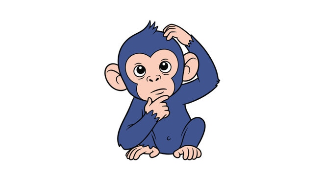 Funny cartoon monkey sitting on the ground scratching its head while looking puzzled and thinking about a problem.
