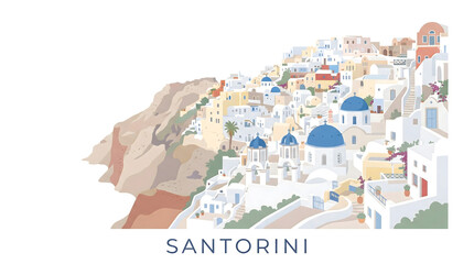Fototapeta premium Santorini Greece vector illustration: iconic white village with blue domes on cliffside