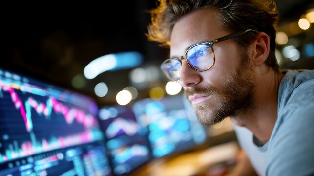 Focused financial analyst reviewing market data in modern office