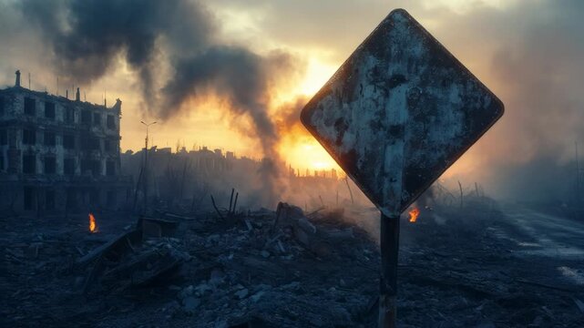 Destroyed city street with ruined buildings, fire, and smoke after a catastrophic bombardment