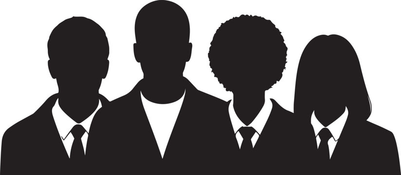 Four silhouetted business professionals in suits and ties standing side by side