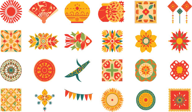 Colorful vector illustration set with traditional patterns and fun seamless vector design for decorating, Pohela Boishakh, Bengali New year festival