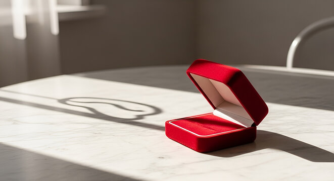 Empty red velvet jewelry box on a white marble table under sunlight with a heart shadow