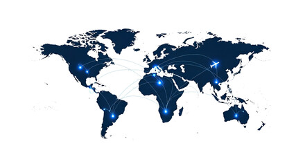 Fototapeta premium Global network map with interconnected cities and airplane routes for worldwide travel and business logistics
